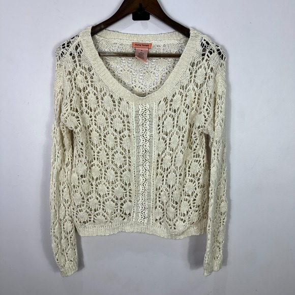 Flying Tomato Sweaters - Flying Tomato Sweater M Cream Crochet Open Knit Boho Cottage Coastal Indie Layer